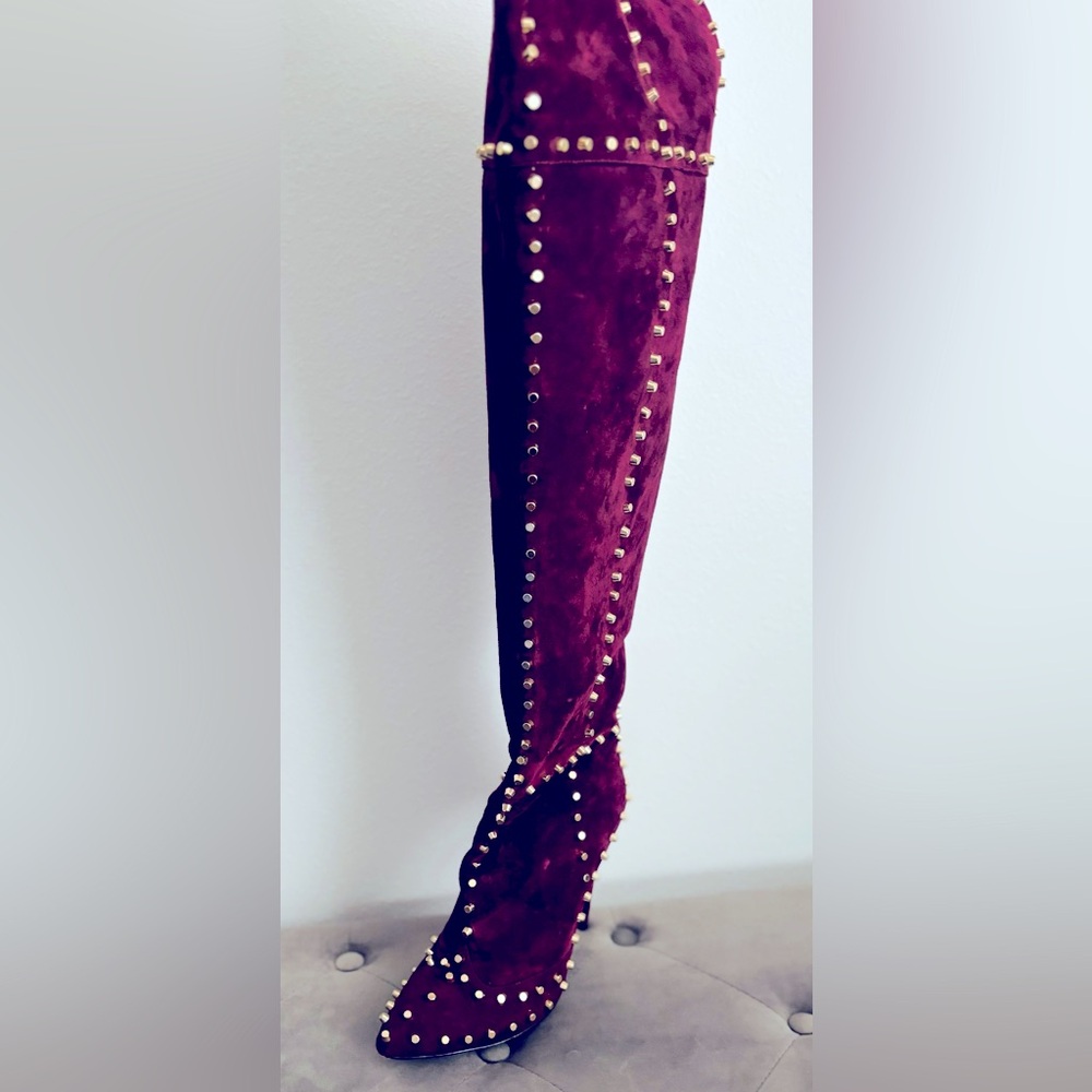 Jennifer Le Studded Burgundy Over-the-Knee Boots